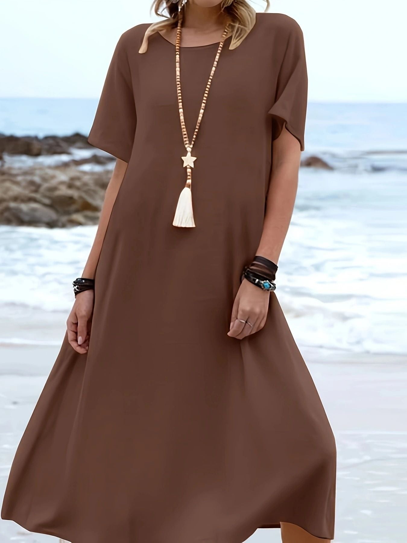 Summer Resort Style Solid Color Crew Neck Short-Sleeved Dress
