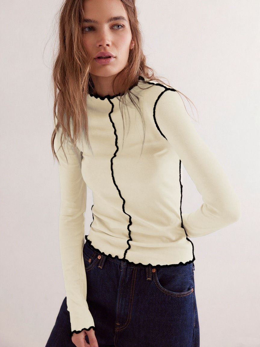 New Contrasting Rolled Edge Semi-Turtleneck Long-Sleeved T-Shirt