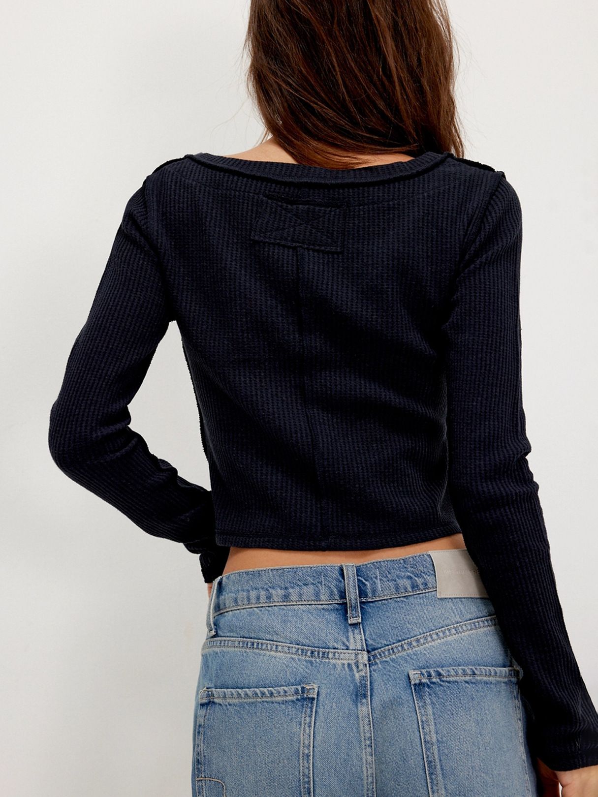 Solid Color Slim Front Shoulder Long Sleeve Small Waffle V-Neck Fashion Versatile Top