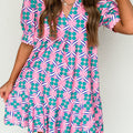 Pink Geometric Floral Print V Neck Ricrac Trim Short Sleeve Mini Dress