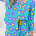 Green Flower Print Long Sleeve Shirt Shorts Pajamas Set
