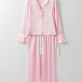 Light Pink Satin Knot Accent Shirt and Ruffled Pants Lounge Set