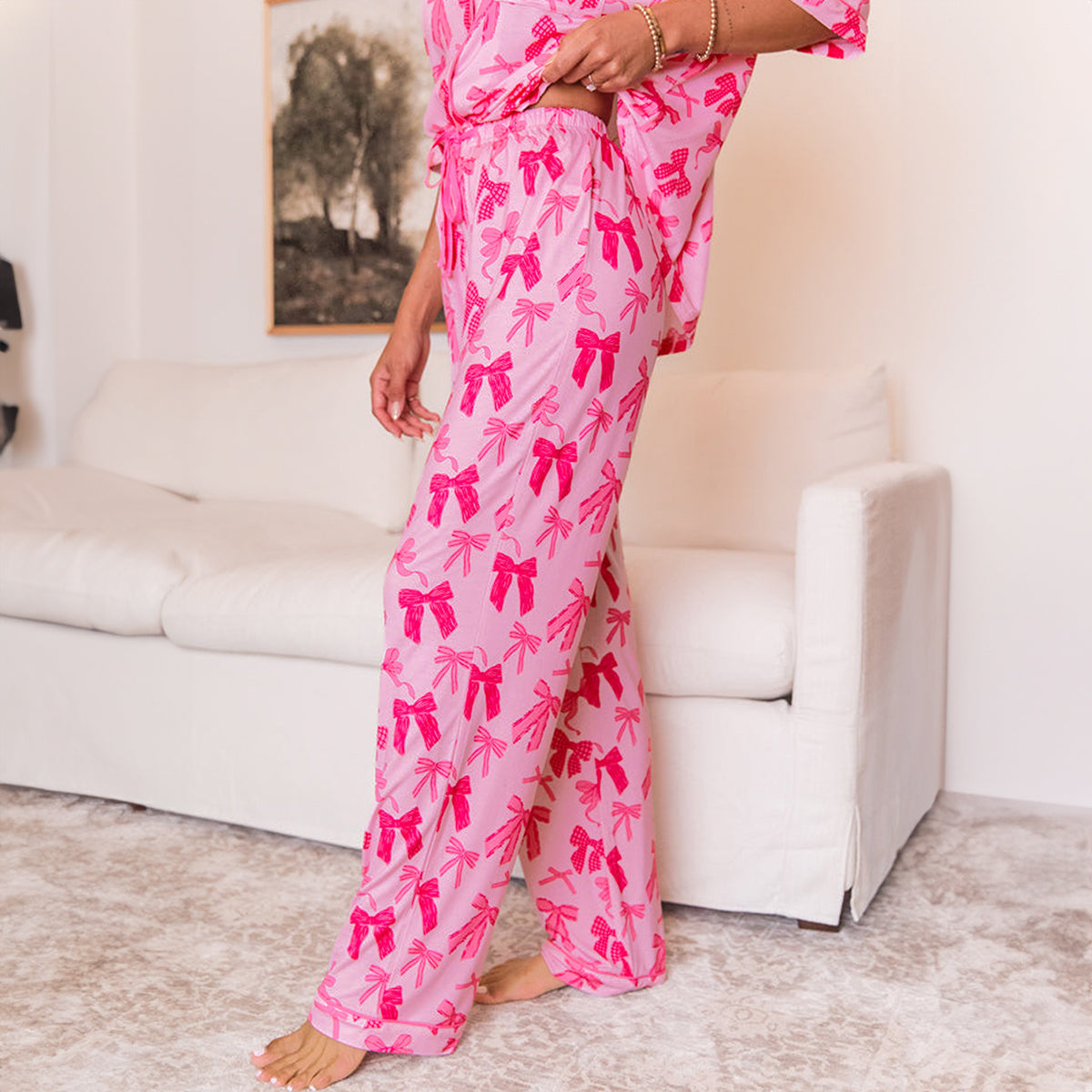 Pink Bow Knot Print Lapel Collar Short Sleeve and Pants Pajamas Set