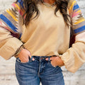Light French Beige Aztec Patchwork Raglan Pullover Sweatshirt