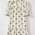 Beige Cute Bowknot Printed Bubble Sleeve V Neck Mini Dress