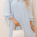 Sky Blue Stripe Knotted Bracelet Sleeve Notched Neck Shift Mini Dress