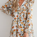 Yellow Floral Print Tie Neck Frilled Detail Long Sleeve Mini Dress
