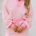 Pink Stripe Collared V Neck Drop Shoulder Pullover and Skort 2pcs Outfit