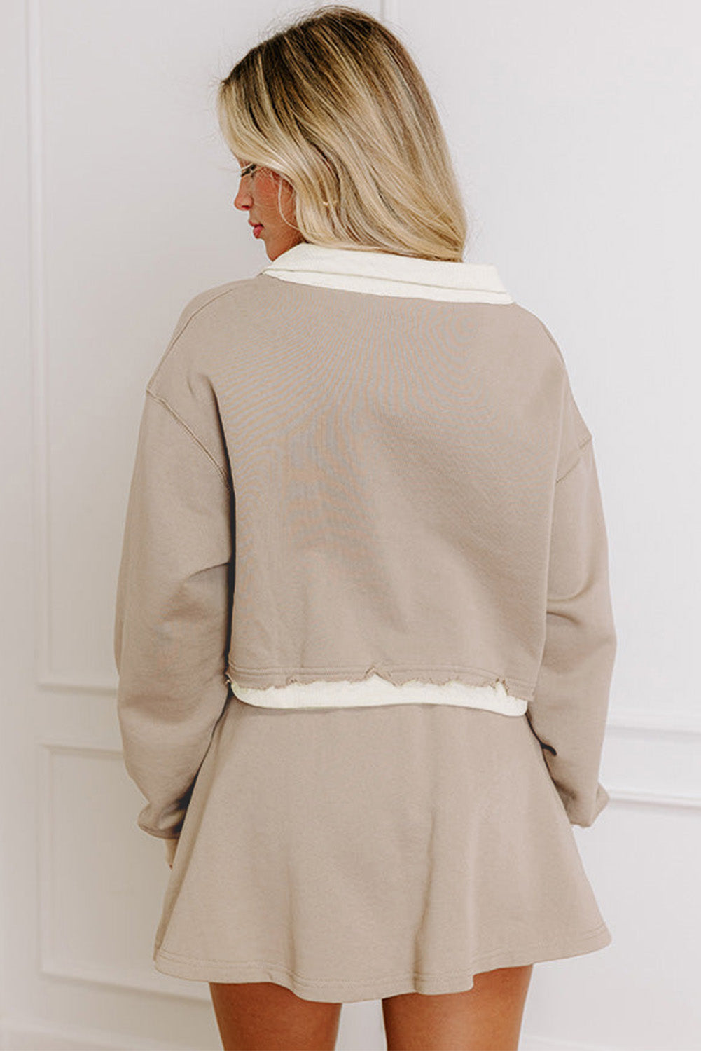 Parchment Raw Edge Detail Colorblock Patchwork Cropped Pullover Drawstring Skirt Set