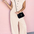 Apricot Checkered Print Buttoned Crew Neck Wide Leg Jumpsuit