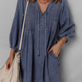 Sail Blue 3/4 Sleeve Tied V Neck Pleated Denim Mini Dress