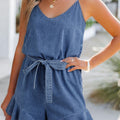 Ashleigh Blue Spaghetti Straps V Neck Belted Ruffled Leg Chambray Romper